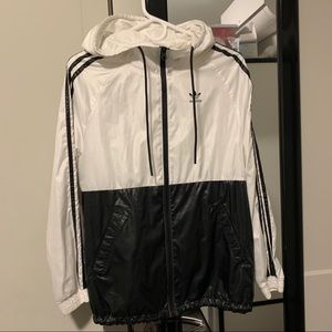 Adidas white 100% polyester windbreaker jacket